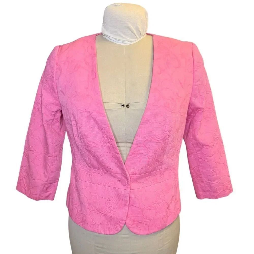 Talbots Pink Floral Jacquard Blazer Sz. 6 Single Btn 3/4 Slv Cropped Jacket